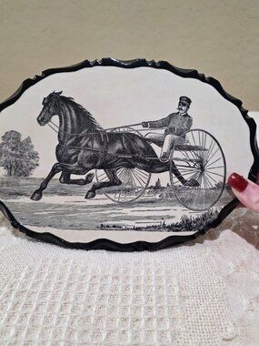 Vintage Victorian Harness Horse Racing Wooden Plaque Picture Pen Ink Lacquered